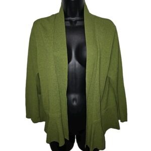 Kasper‎ Open Front Ruffle Hem Cardigan Sweater Women's L Green Lightweight Knit